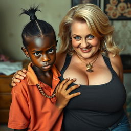 In a poor room setting, a very short and malnourished 20-year-old black woman, depicted as a petite dwarf with deep black skin, has a fierce and angry expression with striking blue eyes