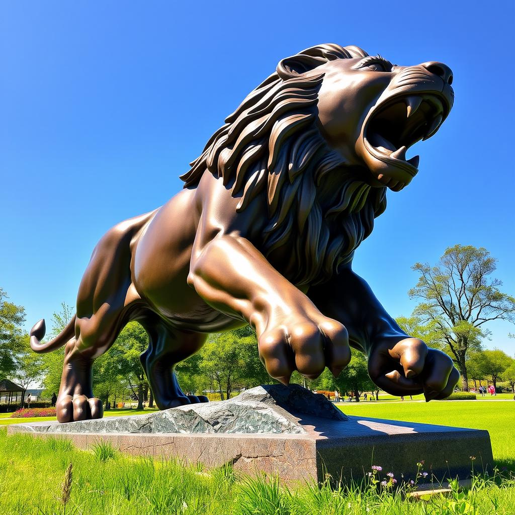 A grand sculpture of a roaring lion, crafted from polished bronze, displaying its powerful form and fierce facial expression