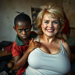 In a poor room setting, a very short and malnourished 20-year-old black woman, depicted as a petite dwarf with deep black skin, has a fierce and angry expression with striking blue eyes