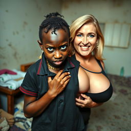 In a poor room setting, a very short and malnourished 20-year-old black woman, depicted as a petite dwarf with deep black skin, has a fierce and angry expression with striking blue eyes