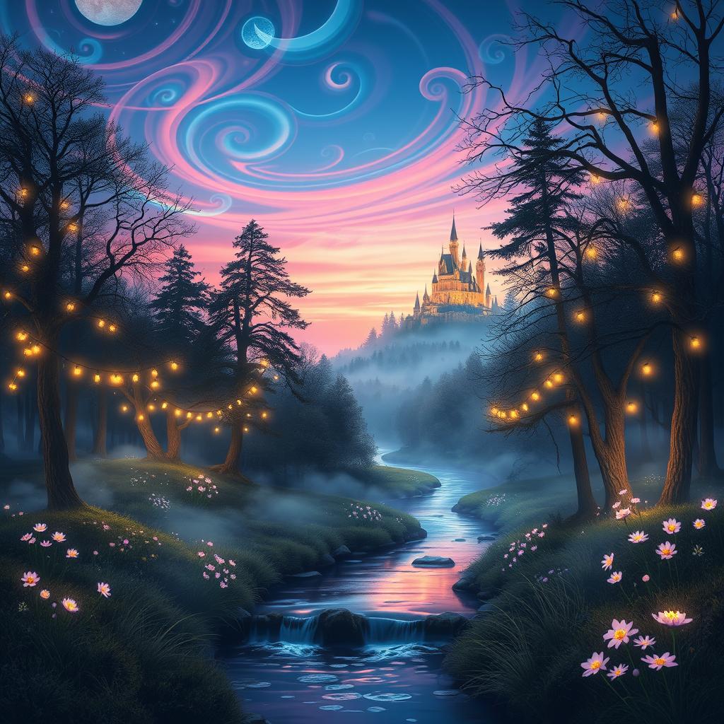 A whimsical and enchanting forest scene at twilight, with vibrant, magical colors swirling in the sky