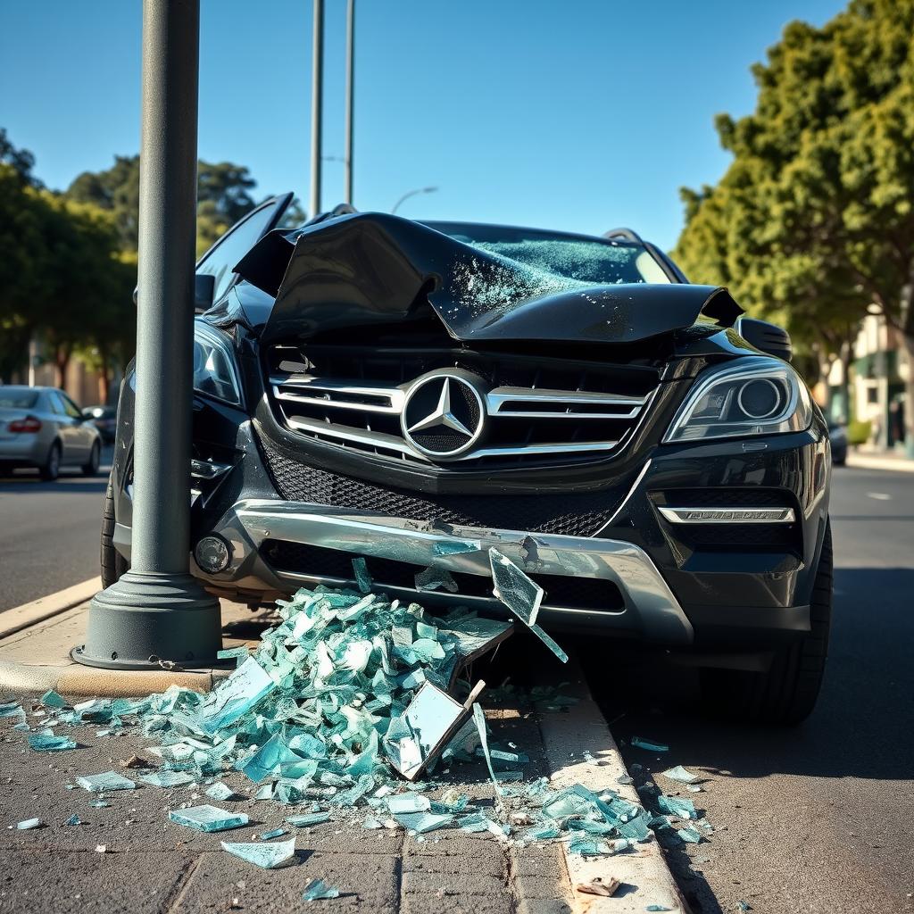 A black Mercedes SUV crashed into a pole on the side of the road, showing the front of the vehicle completely smashed in with crumpled metal and a shattered windshield