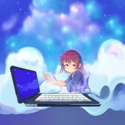 Anime-style digital illustration of a girl on her laptop, crafting dreams amidst floating clouds.