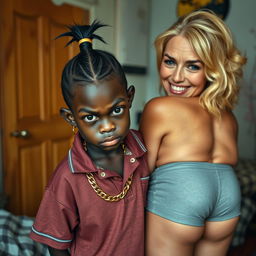 In a poor room setting, a very short and malnourished 20-year-old black woman, depicted as a petite dwarf with deep black skin, has an angry expression with striking blue eyes