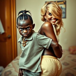 In a poor room setting, a very short and malnourished 20-year-old black woman, depicted as a petite dwarf with deep black skin, has an angry expression with striking blue eyes