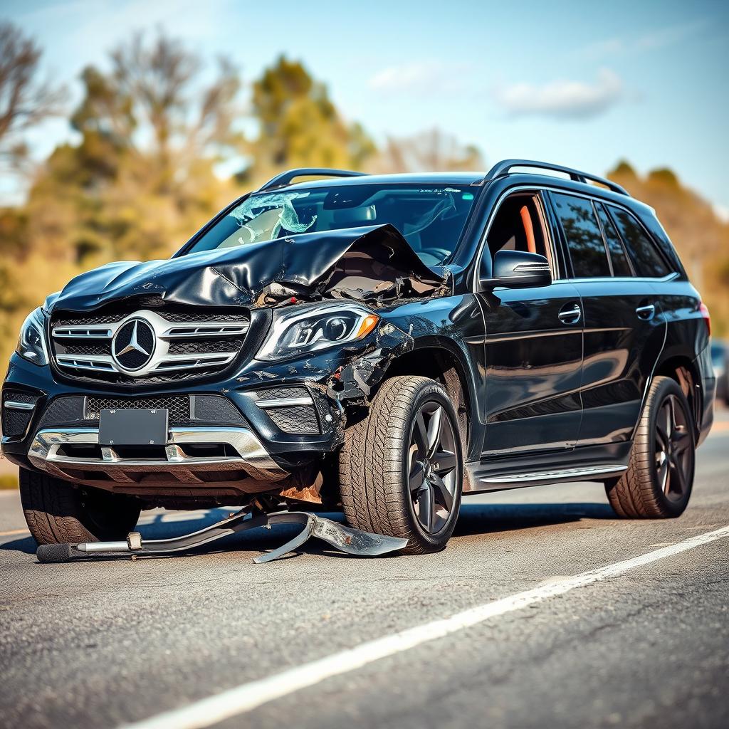 A black Mercedes SUV severely damaged from a bad car crash, showcasing extensive crumpling on the front and sides, with shattered glass and twisted metal