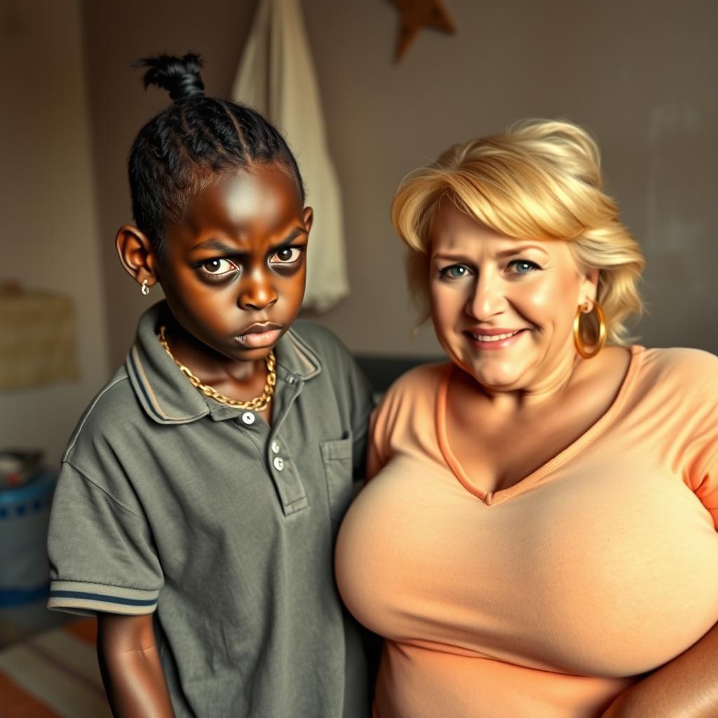 In a poor room setting, a very short and malnourished 20-year-old black woman, depicted as a petite dwarf with deep black skin, has a fierce and angry expression with striking blue eyes