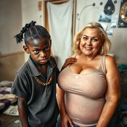 In a poor room setting, a very short and malnourished 20-year-old black woman, depicted as a petite dwarf with deep black skin, has a fierce and angry expression with striking blue eyes