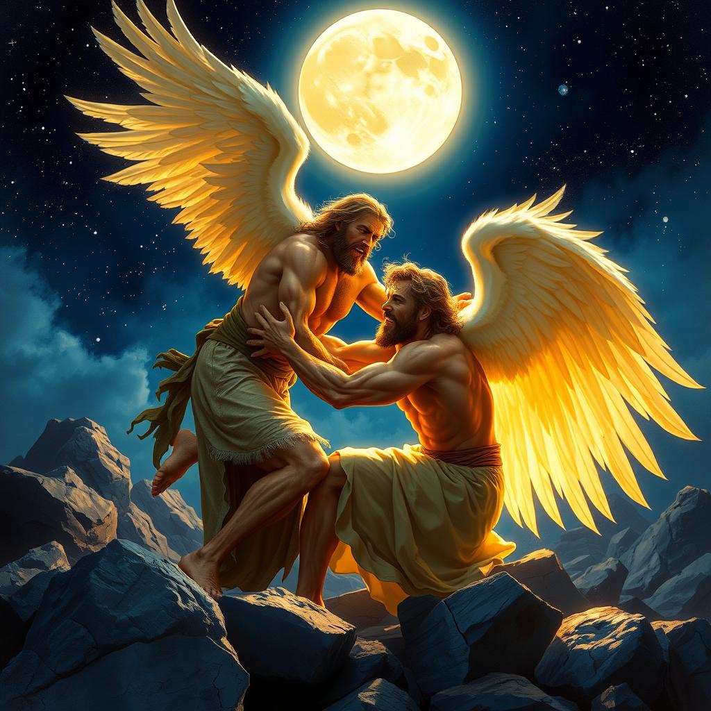 A dramatic and powerful scene depicting the biblical story of Jacob wrestling with an angel