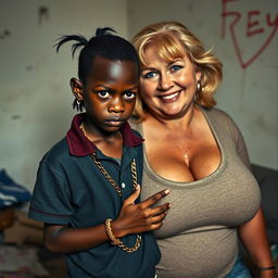 In a poor room setting, a very short and malnourished 20-year-old black woman, depicted as a petite dwarf with deep black skin, has an intense and angry expression with striking blue eyes