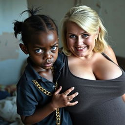 In a poor room setting, a very short and malnourished 20-year-old black woman, depicted as a petite dwarf with deep black skin, has an intense and angry expression with striking blue eyes