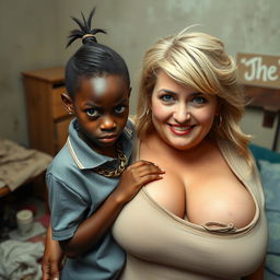 In a poor room setting, a very short and malnourished 20-year-old black woman, depicted as a petite dwarf with deep black skin, has an intense and angry expression with striking blue eyes