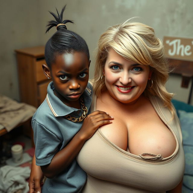 In a poor room setting, a very short and malnourished 20-year-old black woman, depicted as a petite dwarf with deep black skin, has an intense and angry expression with striking blue eyes