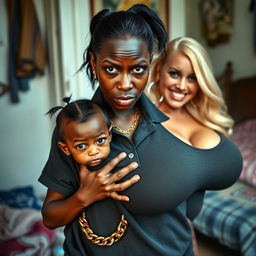 In a poor room setting, a very short and malnourished 20-year-old black woman, depicted as a petite dwarf with deep black skin, has an intense and angry expression with striking blue eyes