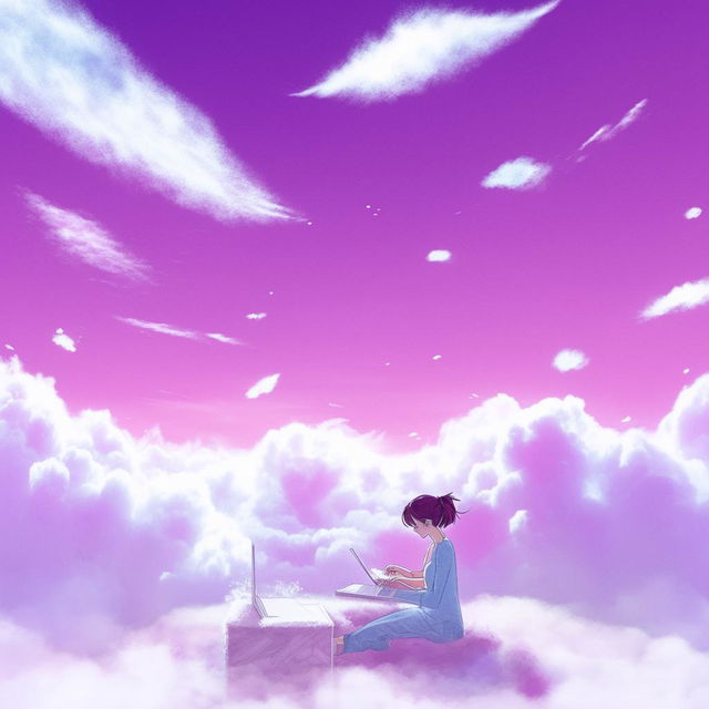 Anime-style digital illustration of a girl on her laptop, crafting dreams amidst floating clouds.