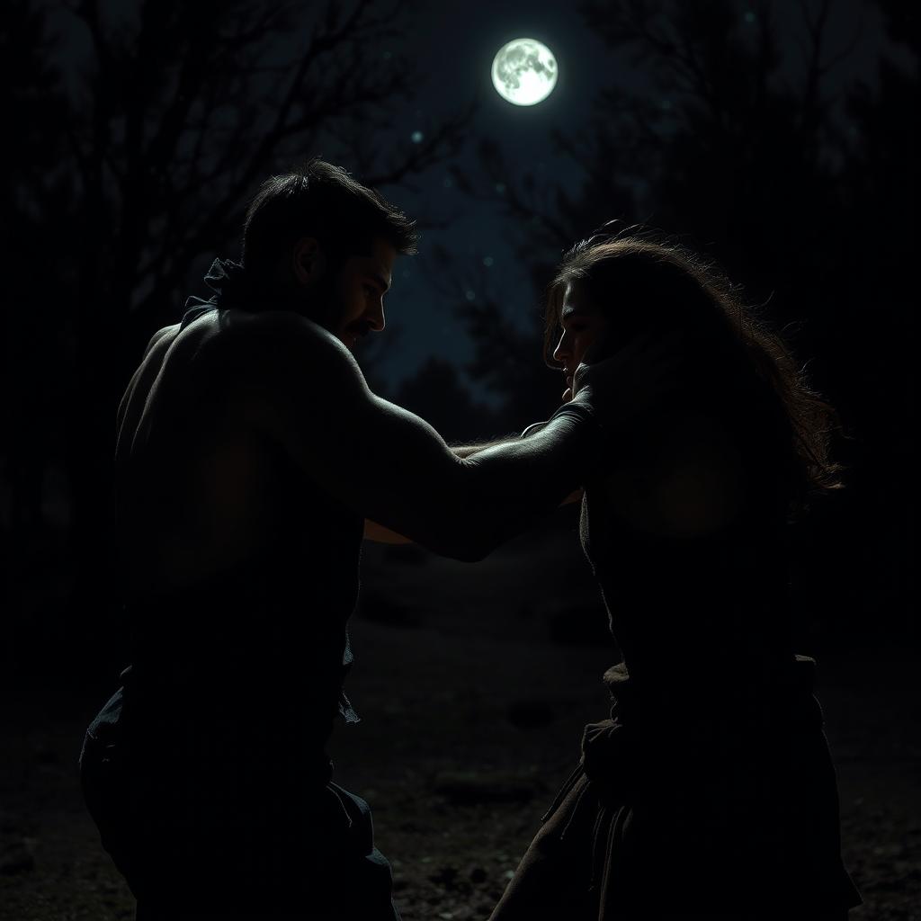 In a dark, atmospheric night scene, a mysterious man engages in a fierce struggle with Jacob