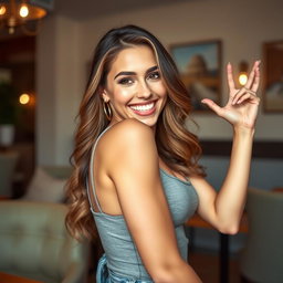 A confident young woman embodying self-assurance and body positivity, playfully posing in a flirty manner while teasingly showcasing her figure
