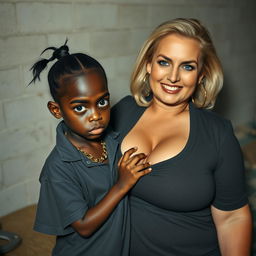 In a poor room, a very short and malnourished 20-year-old black woman, depicted as a petite dwarf with deep black skin and an angry expression, has striking blue eyes