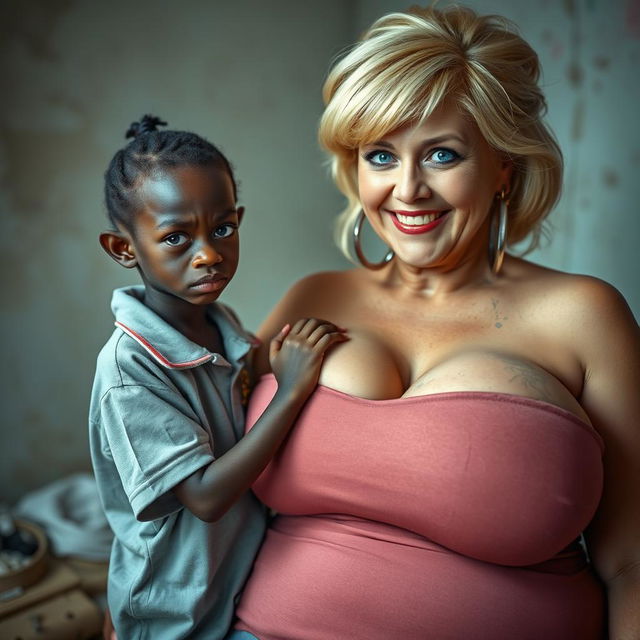 In a poor room, a very short and malnourished 20-year-old black woman, depicted as a petite dwarf with deep black skin and an angry expression, has striking blue eyes