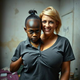 In a poor room, a very short and malnourished 20-year-old black woman, depicted as a petite dwarf with deep black skin and an angry expression, has striking blue eyes