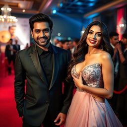 A glamorous Indian model with luscious curves dressed in a stunning, seductive evening gown that accentuates her figure and highlights her bust and cleavage