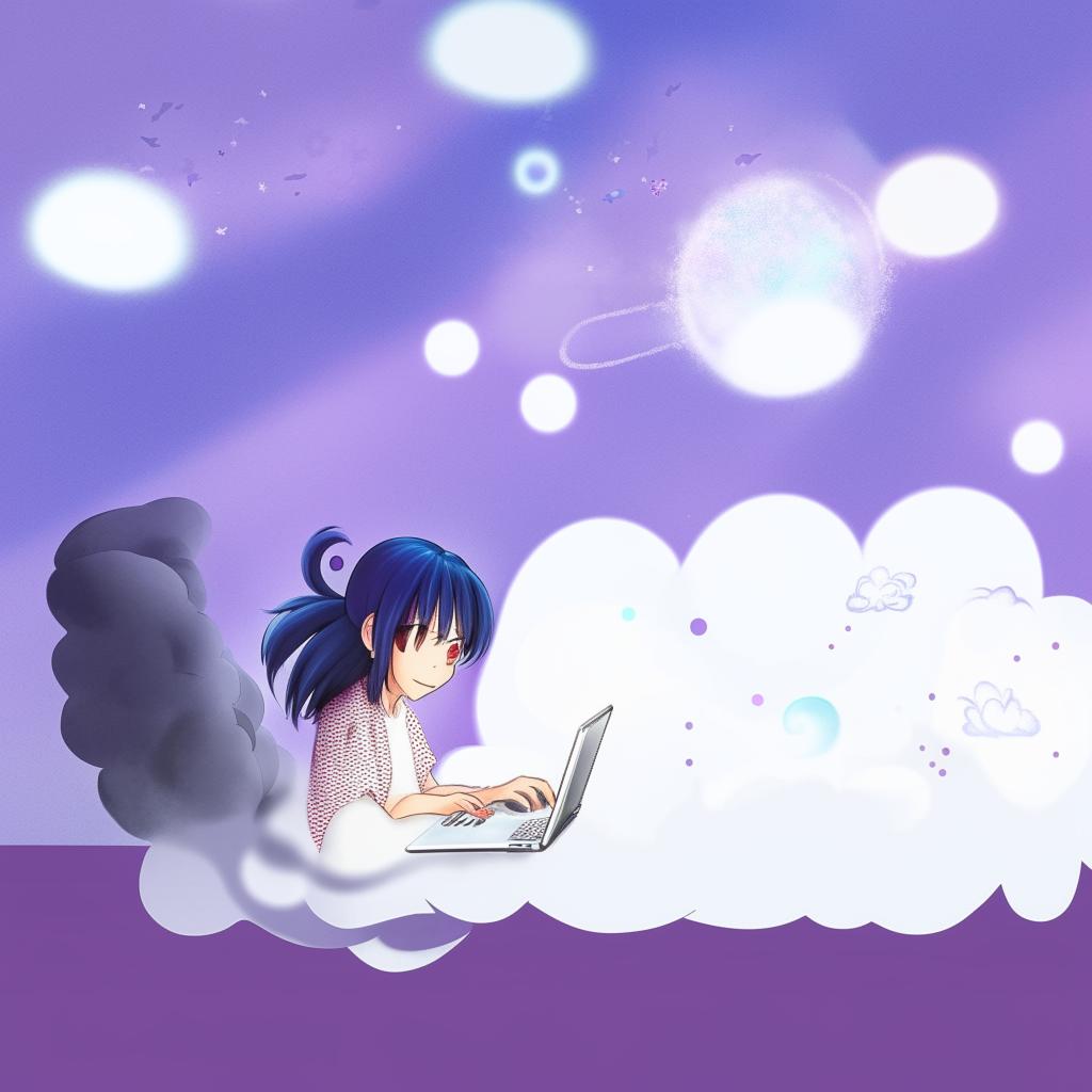 Anime-style digital illustration of a girl on her laptop, crafting dreams amidst floating clouds.