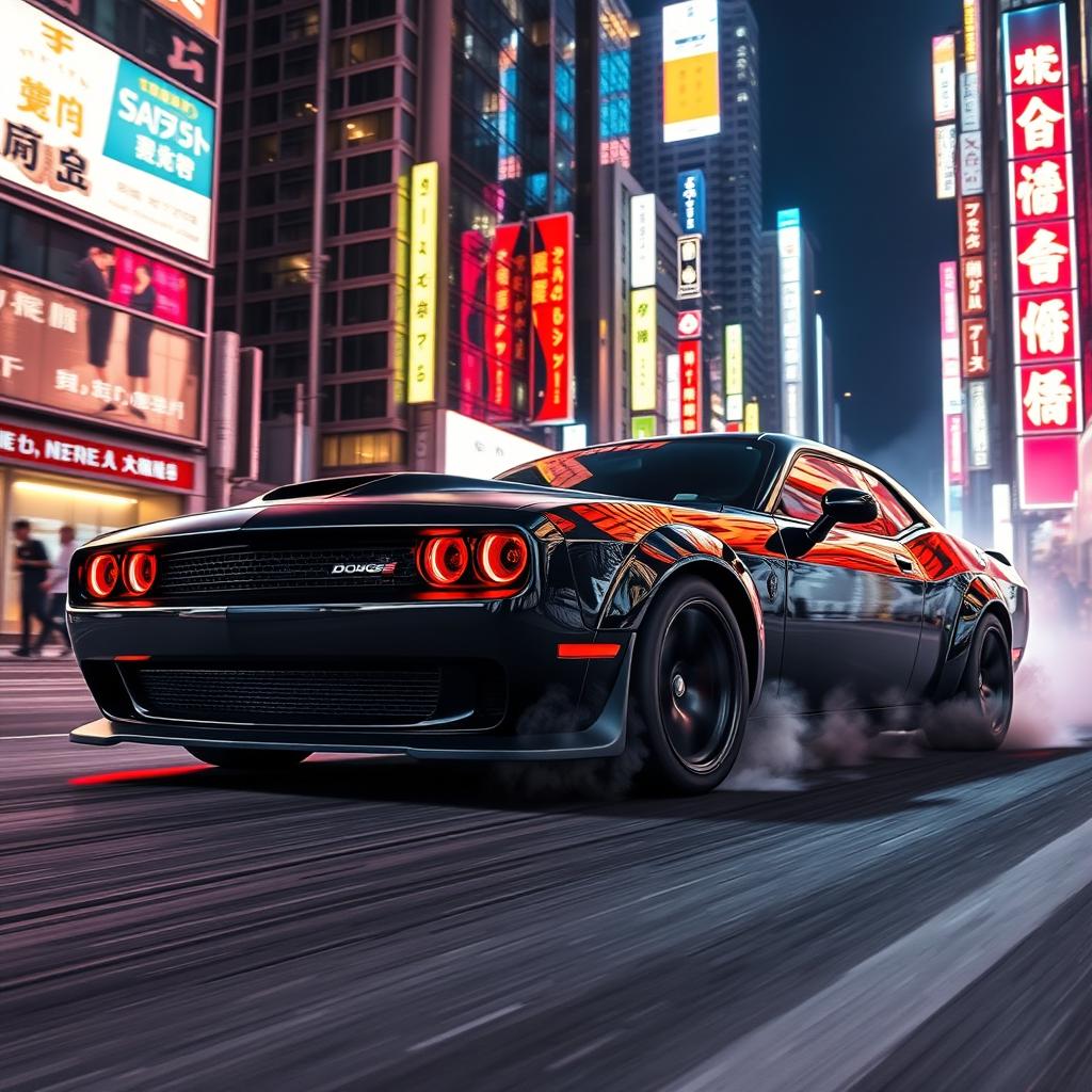 A full black Dodge Challenger Demon with red lights and details, drifting on a neon-lit Tokyo street at night