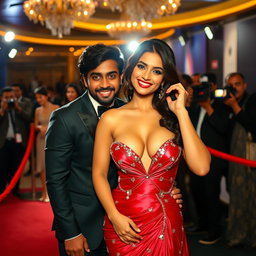 A stunning Indian model with captivating curves dressed in an exquisite, seductive evening gown that beautifully highlights her bust and cleavage