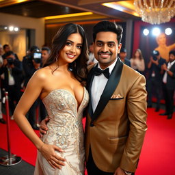 A stunning Indian model with captivating curves dressed in an exquisite, seductive evening gown that beautifully highlights her bust and cleavage