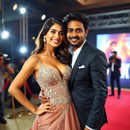 A stunning Indian model with captivating curves dressed in an exquisite, seductive evening gown that beautifully highlights her bust and cleavage