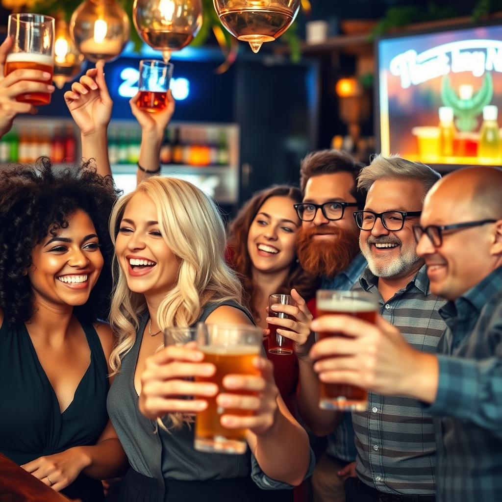 A lively scene at a bar featuring a diverse group of six people joyfully cheering