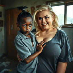 In a run-down room, a very short and malnourished 20-year-old black woman, depicted as a dwarf with deep black skin, showcases an angry expression with striking blue eyes