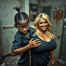 In a run-down room, a very short and malnourished 20-year-old black woman, depicted as a dwarf with deep black skin, showcases an angry expression with striking blue eyes