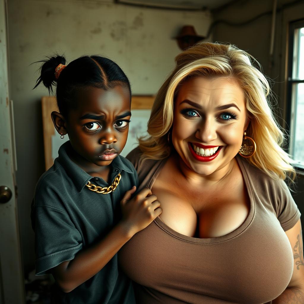 In a run-down room, a very short and malnourished 20-year-old black woman, depicted as a dwarf with deep black skin, showcases an angry expression with striking blue eyes