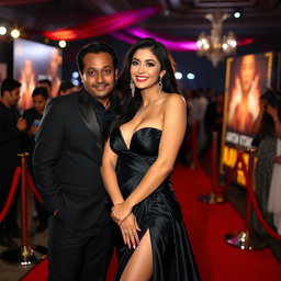A gorgeous Indian model with alluring curves, wearing a striking, seductive evening gown that accentuates her big boobs and cleavage