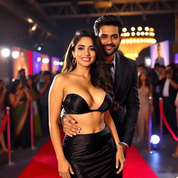 A gorgeous Indian model with alluring curves, wearing a striking, seductive evening gown that accentuates her big boobs and cleavage