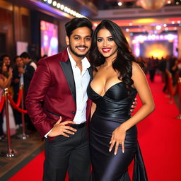 A gorgeous Indian model with alluring curves, wearing a striking, seductive evening gown that accentuates her big boobs and cleavage