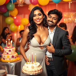 A captivating Indian model with gorgeous curves wearing a stunning, seductive dress that beautifully highlights her bust and cleavage