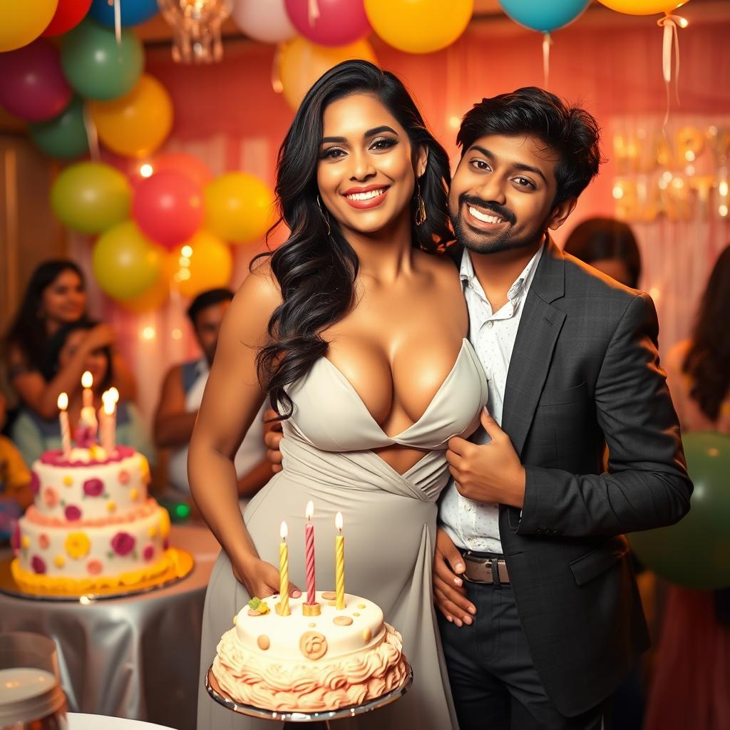 A captivating Indian model with gorgeous curves wearing a stunning, seductive dress that beautifully highlights her bust and cleavage