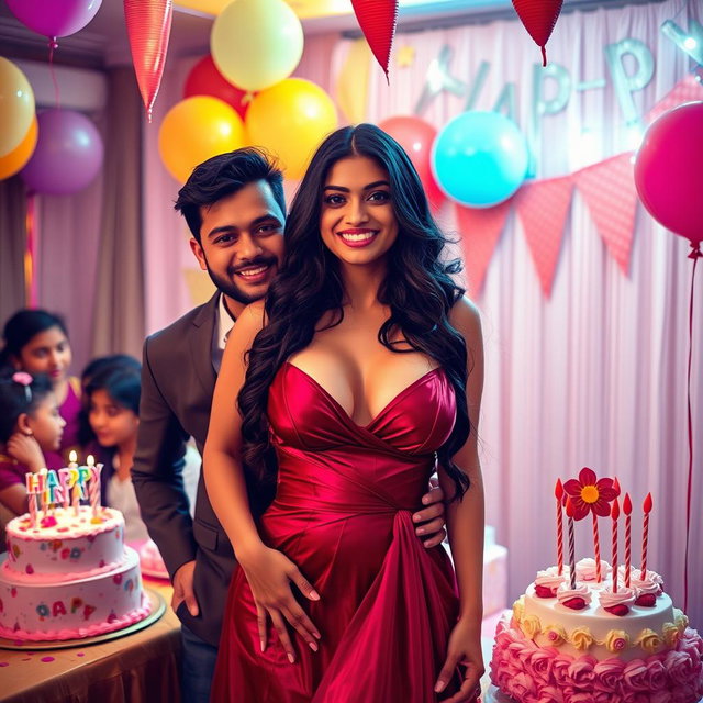 A captivating Indian model with gorgeous curves wearing a stunning, seductive dress that beautifully highlights her bust and cleavage