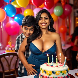 A stunning Indian model with voluptuous curves, elegantly showcasing her big boobs and cleavage in a seductive, form-fitting dress