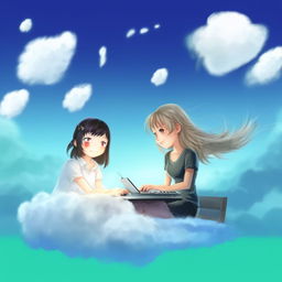 Anime-style digital illustration of a girl on her laptop, crafting dreams amidst floating clouds.