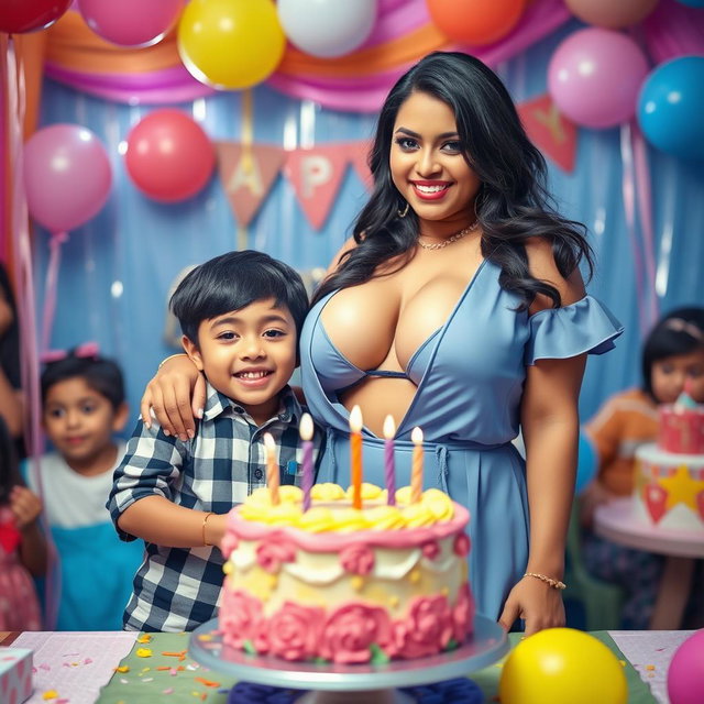 A striking Indian model with voluptuous curves, showcasing her big boobs and cleavage in a fashionable outfit