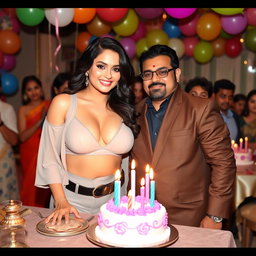 An attractive Indian model with curvy features, confidently showcasing her big boobs and cleavage in a fashionable outfit