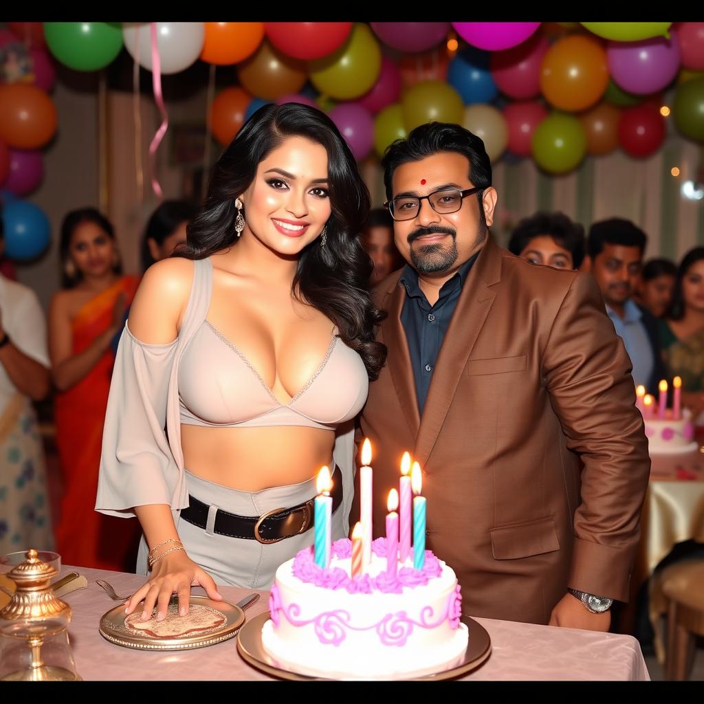 An attractive Indian model with curvy features, confidently showcasing her big boobs and cleavage in a fashionable outfit