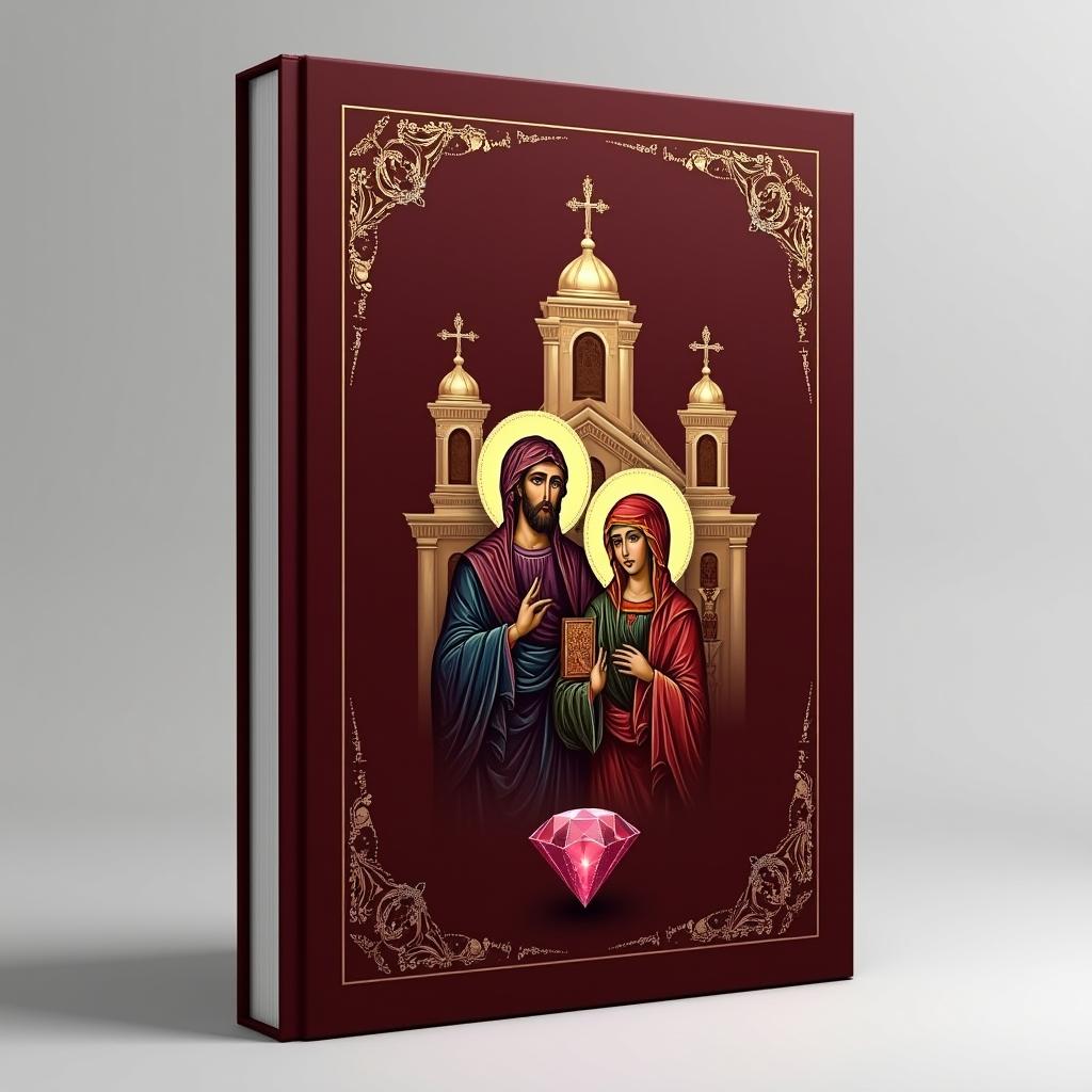A book cover design featuring an icon of Christ and the Virgin Mary, along with an image of a diamond