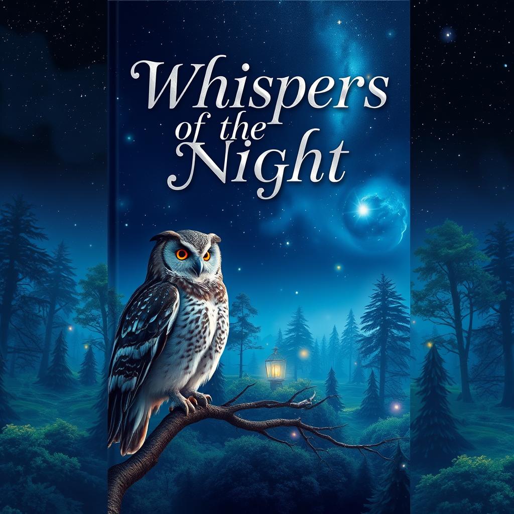 A stunning book cover design showcasing an ethereal landscape with a mystical forest under a starry night sky