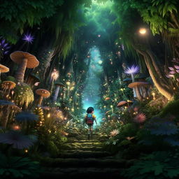 A cheerful anime kid adventurously exploring a vibrant anime-style forest with lush foliage and exotic magical fauna.