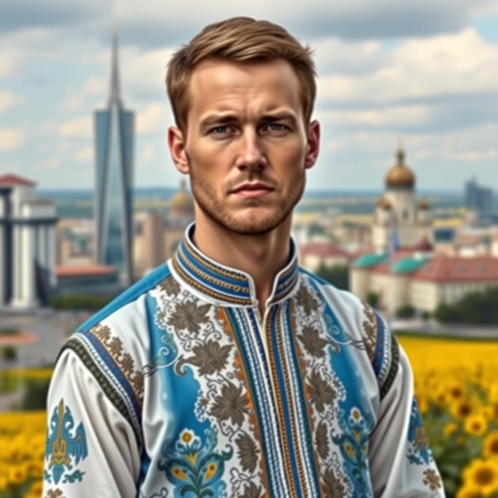A reimagined portrait of Derek Chauvin depicted as a Ukrainian man, wearing traditional Ukrainian clothing such as a vyshyvanka (embroidered shirt), standing confidently in an urban setting with Ukrainian landmarks in the background