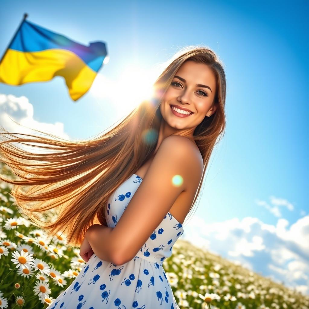 A stunning portrait of a confident and attractive woman with long flowing brown hair, wearing a stylish summer dress, standing in a sunny field of daisies